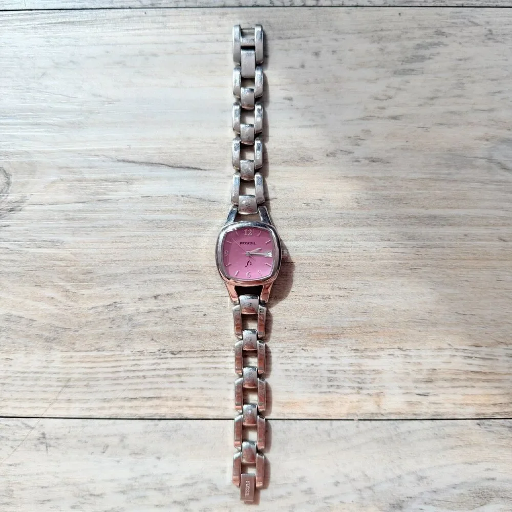 Vintage Fossil F2 Pink Dial Silver Tone Link Bracelet Watch Y2K Chunky Retro